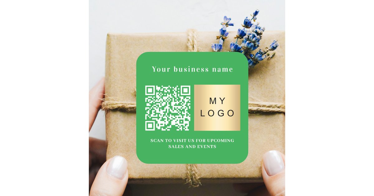 Business name green logo qr code square sticker | Zazzle