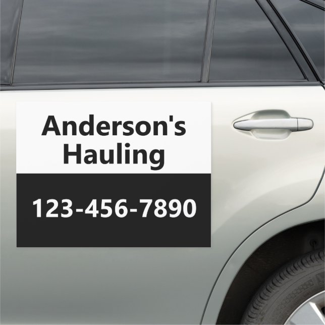 Business Name Hauling Black and White Promotional Car Magnet (In Situ)