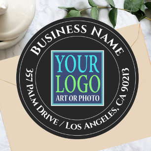 Business Name, Logo, Address, White Text on Black Classic Round Sticker