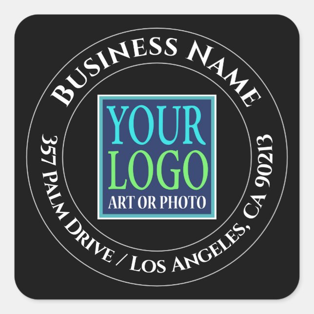 Business Name, Logo, Address, White Text on Black Square Sticker (Front)