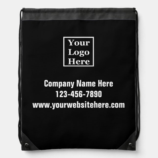 Business Name Logo Phone Number Website Black Drawstring Bag (Front)