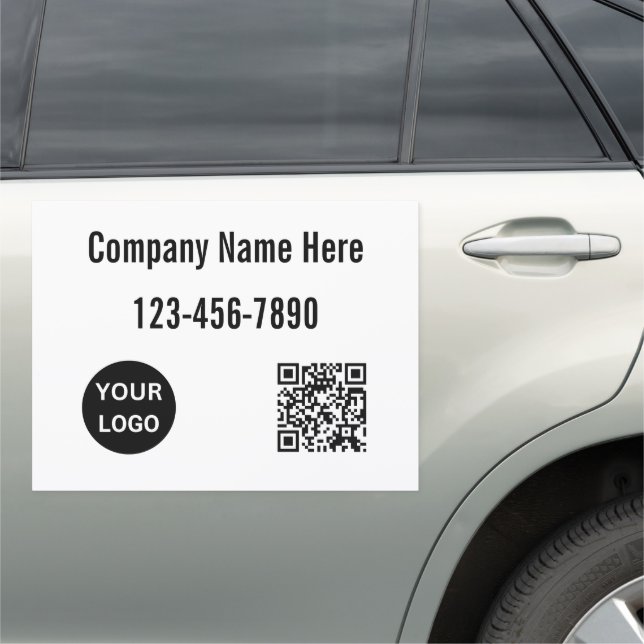 Business  Name Logo Phone QR Code Black & White Car Magnet (In Situ)