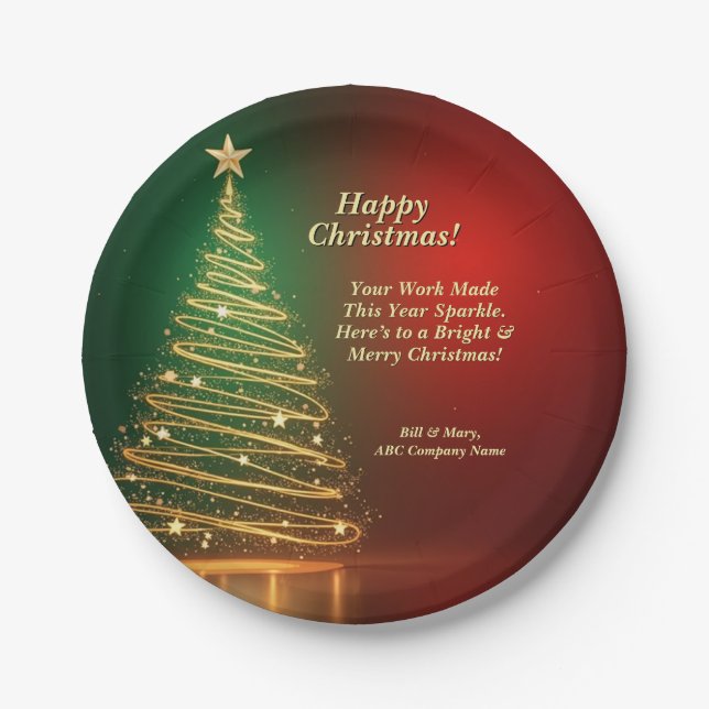 Business Name Message Green Gold Christmas Tree 7" Paper Plates (Front)