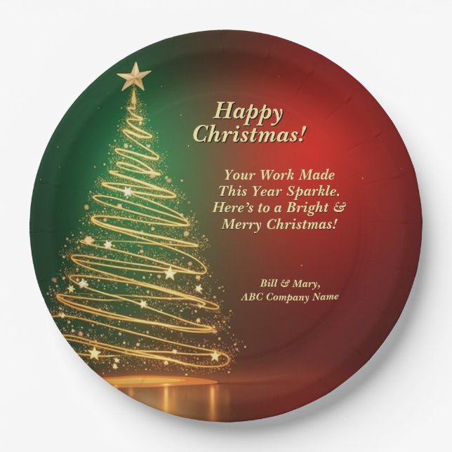 Business Name Message Green Gold Christmas Tree 9" Paper Plates (Front)