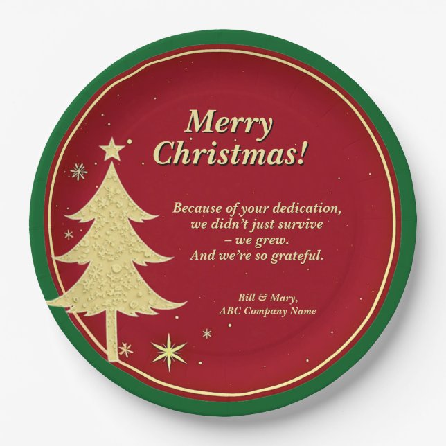 Business Name Message Red, Gold Christmas Tree 9" Paper Plates (Front)