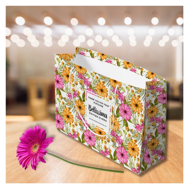 Business Name Modern Yellow Pink Floral Large Gift Bag (Creator Uploaded)