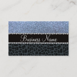 Business name pastel blue glitter gray leopard card
