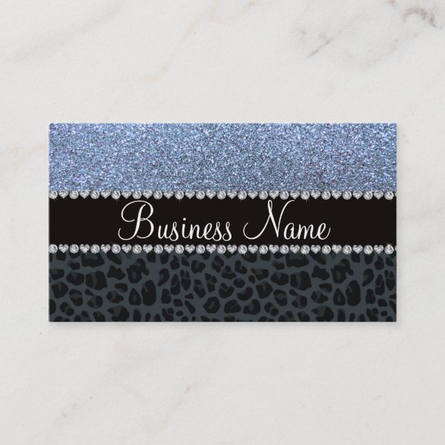 Business name pastel blue glitter gray leopard card (Front)