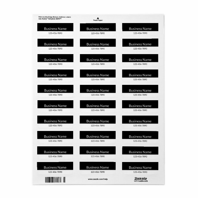 Business Name Phone Number Black and White Product Label (Full Sheet)