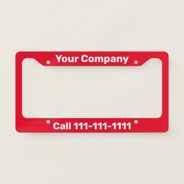 Business Name Phone Number Bright Red and White License Plate Frame (Front)