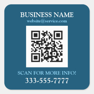 Business Name Promo, QR Code, Ocean Blue & White Square Sticker
