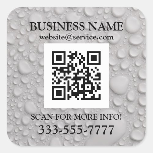 Business Name Promo QR Code Water Drops Square Sticker