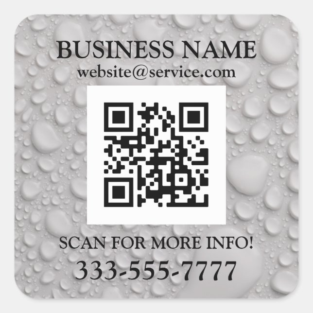 Business Name Promo, QR Code, Water Drops Square Sticker (Front)