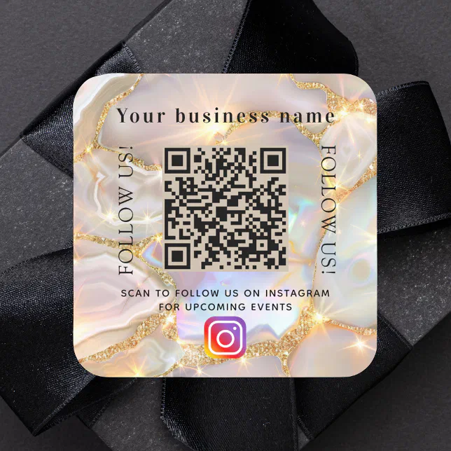 Business name qr code social media instagram agate square sticker | Zazzle