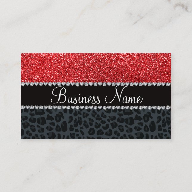 Business name red glitter gray leopard business card (Front)