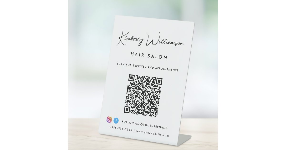 Business Name Stylish Signature Script QR Code Pedestal Sign | Zazzle