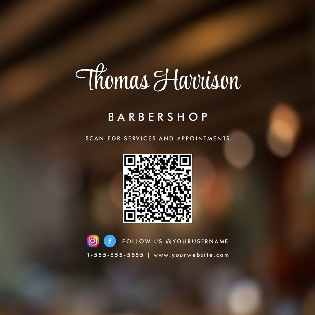 Business Name Stylish Signature Script QR Code Window Cling (Elevate your business with a custom logo, QR code and social media window cling sign)
