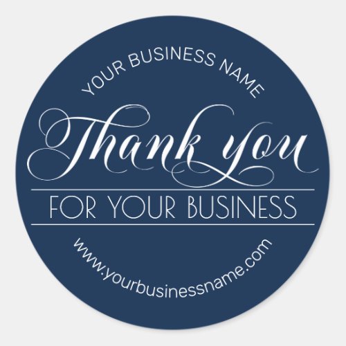 Business Navy Blue White Calligraphy Thank You Classic Round Sticker