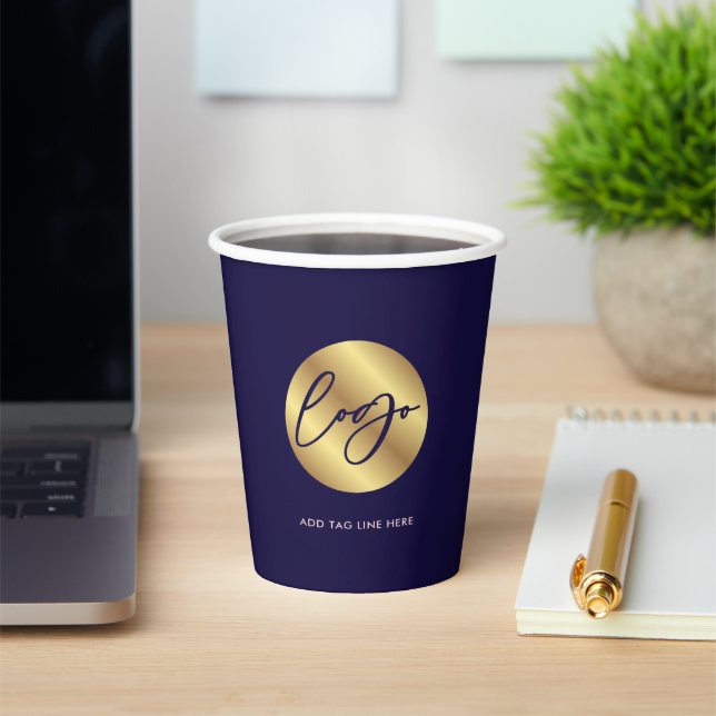 Business Navy & Gold Logo Branded Company Event Paper Cups (Insitu)