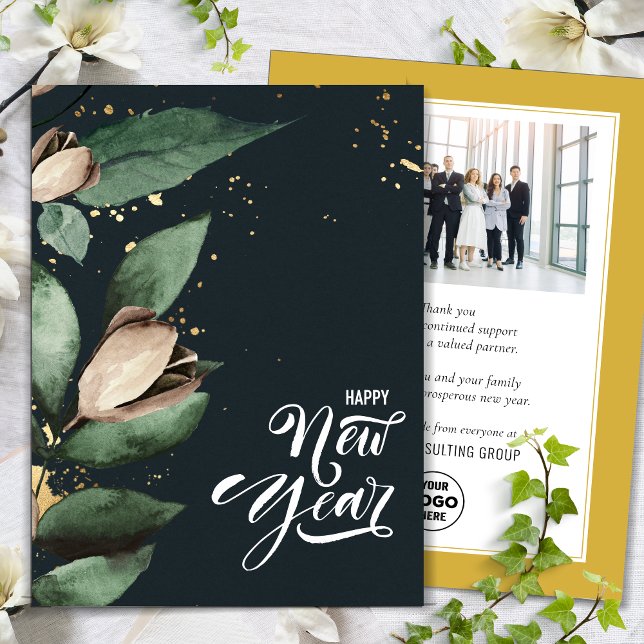 Business New Year Elegant Magnolia Gold Confetti Holiday Card (Creator Uploaded)