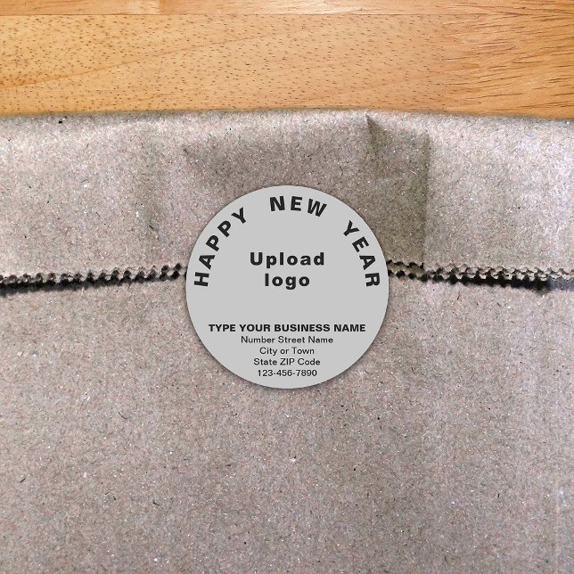 Business New Year Gray Round Sticker (New Year greeting with your business brand on gray round shape sticker.)