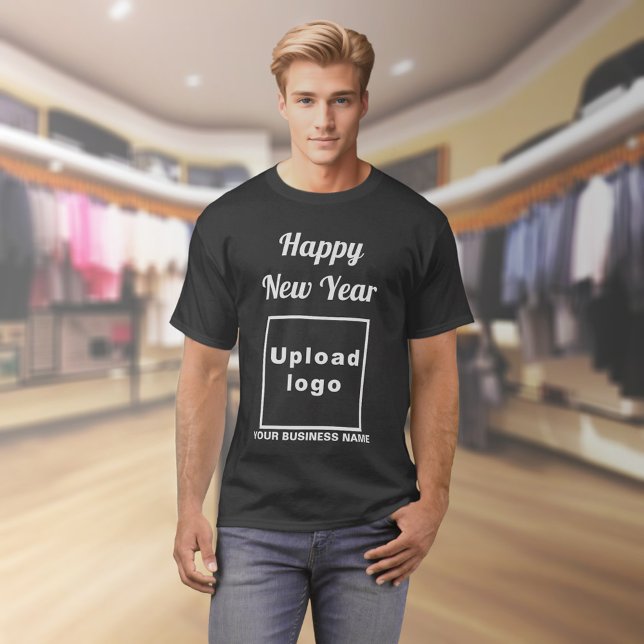 Business New Year Greeting on Black T-Shirt (Business name and logo with New Year greeting on black t-shirt)