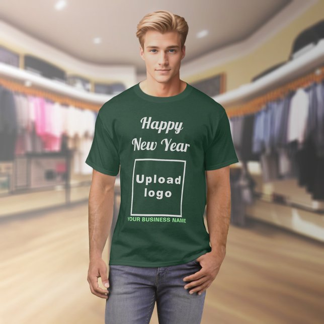 Business New Year Greeting on Deep Forest Green T-Shirt (Business name and logo with New Year greeting on deep forest green t-shirt)