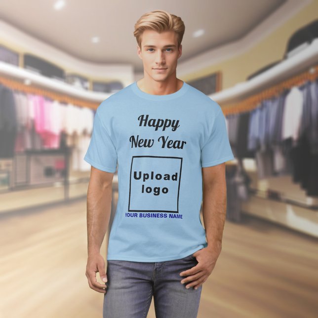 Business New Year Greeting on Light Blue T-Shirt (Business name and logo with New Year greeting on light blue t-shirt)