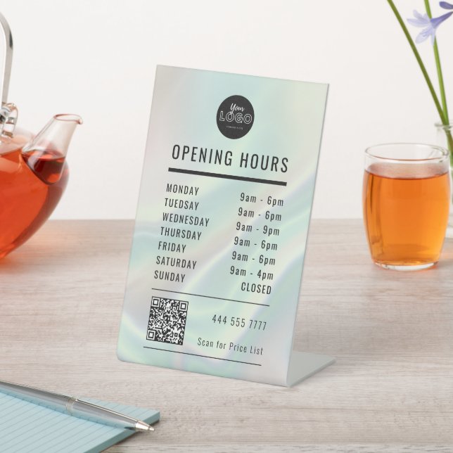 Business Open Hours Green Holographic Logo QR Code Pedestal Sign (In SItu)