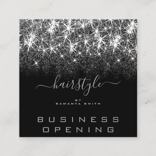 Business Opening Hair Stylist Silver Glitter Spark Square Business Card
