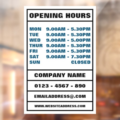 Business Opening Hours and Information Window Cling