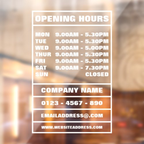 Business Opening Hours and Information Window Cling