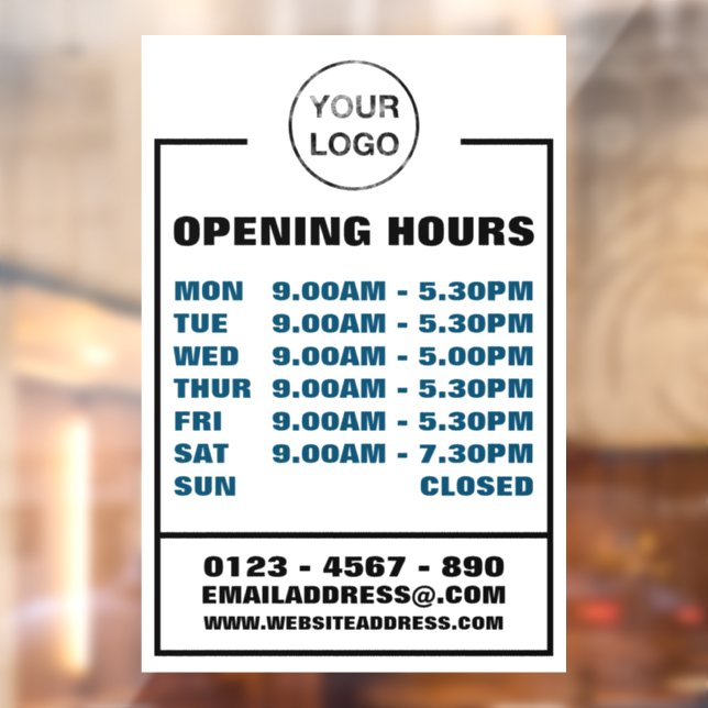 Business Opening Hours, Information and Logo Window Cling (Sheet 2)