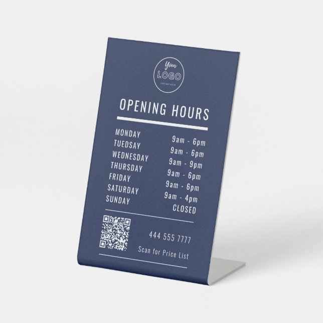 Business Opening Hours Logo QR Code on Navy Blue Pedestal Sign (Front)