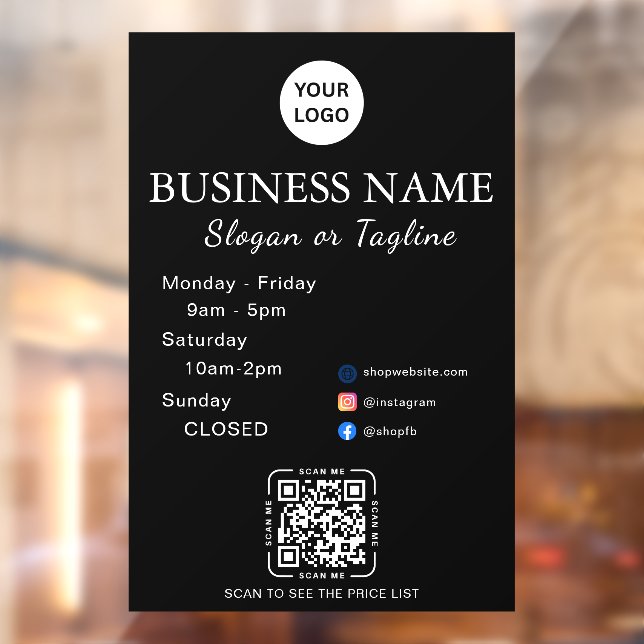 Business Opening Hours Modern Script & Qr, Social  Window Cling (Sheet 2)