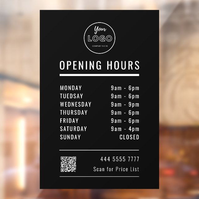 Business Opening Hours on Black with Logo QR Code Window Cling (Sheet 2)