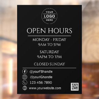 Business Opening Hours QR Code Black Logo Window Cling