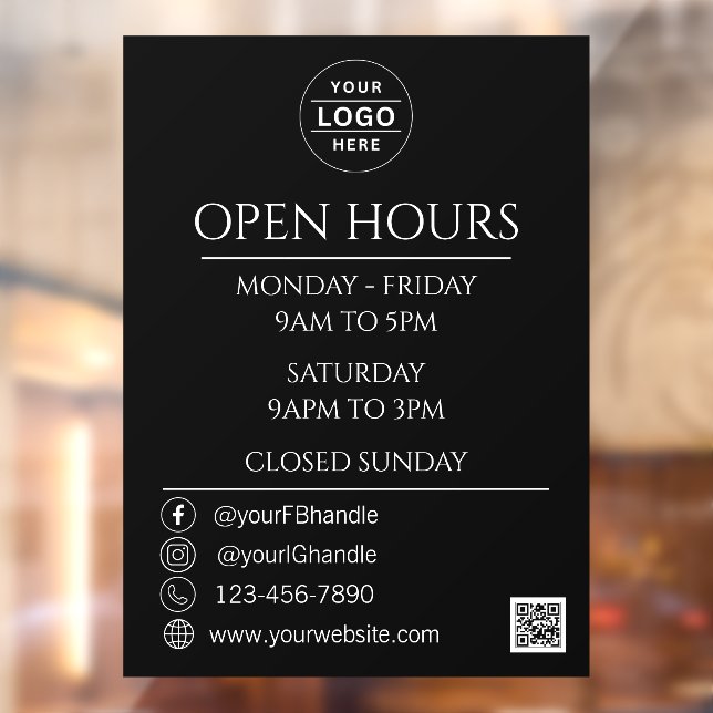 Business Opening Hours QR Code Black Logo Window Cling (Sheet 2)