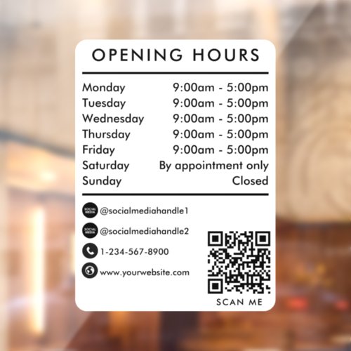 Business Opening Hours QR Code Opening Times White Window Cling