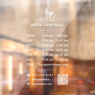 Business Opening Hours QR Code Social Media Icons Window Cling