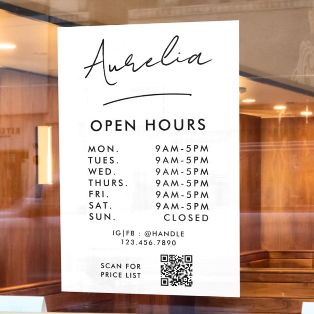 Business Opening Hours Signature Logo QR Code Window Cling (Creator Uploaded)
