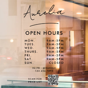 Business Opening Hours Signature Logo QR Code Window Cling