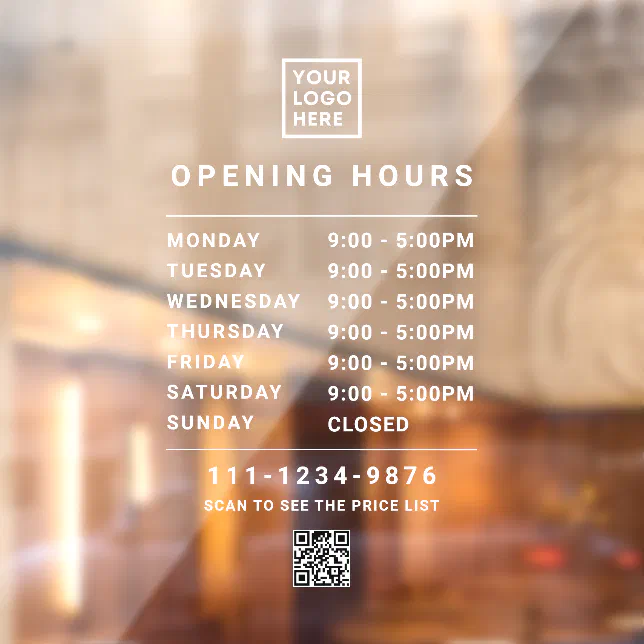 Business Opening Hours White QR Code and Logo Window Cling | Zazzle