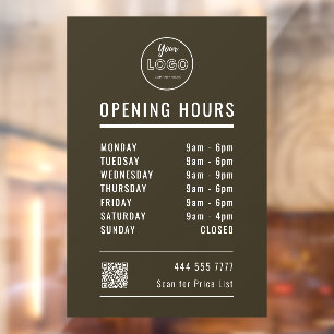 Business Opening Hours with Logo QR Code Brown Window Cling