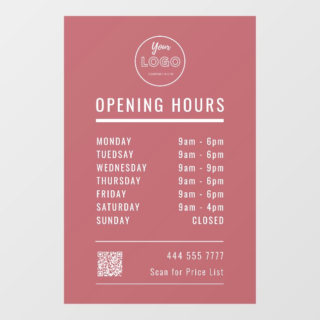 Business Opening Hours with Logo QR Code Dusty Red Window Cling (Sheet)