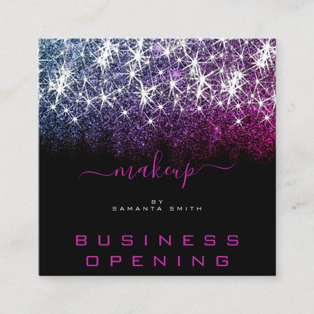 Business Opening Makeup Pink Purple Glitter Spark Square Business Card (Front)