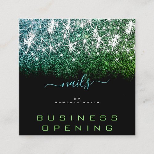 Business Opening Teal Green Glitter Manicure Nails Square Business Card