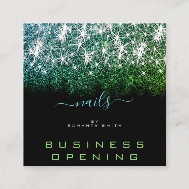 Business Opening Teal Green Glitter Manicure Nails Square Business Card (Front)