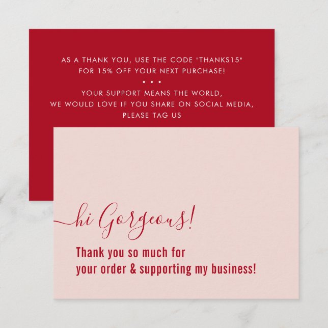 BUSINESS ORDER THANK YOU modern insert pink red Card (Front/Back)