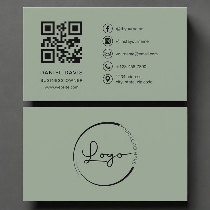 Business Owner Sage Green Logo QR Code Business Card